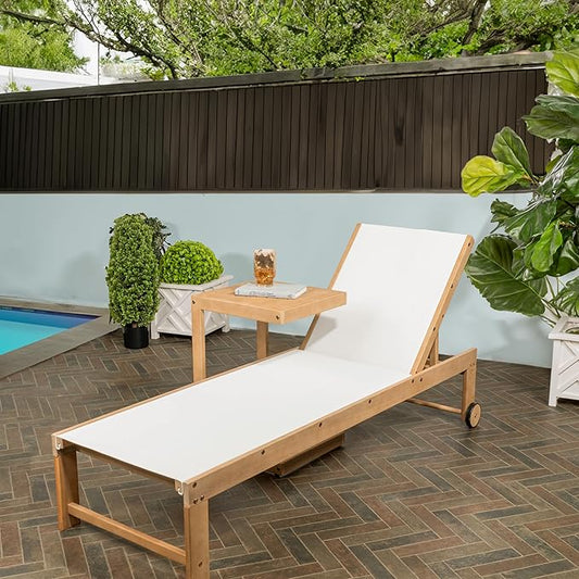 JONATHAN Y LNG1100C-2SET Trabuco Coastal Modern Acacia Wood Mesh 3-Position Outdoor Chaise Lounge Set with Side Table Transitional, Classic, Minimalist, Traditional, Contemporary, White/Light Teak