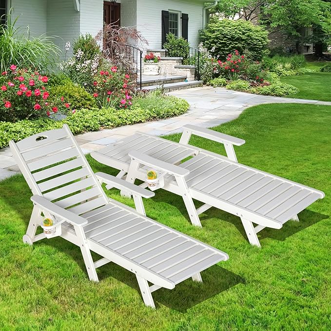 nalone HDPE Chaise Lounge Chair Outdoor with Wheels & Cup Holder, Pool Lounge Chairs with 5-Position Adjustable Backrest, Supports Up to 400 LBS for Patio Poolside Deck Beach Backyard (White)