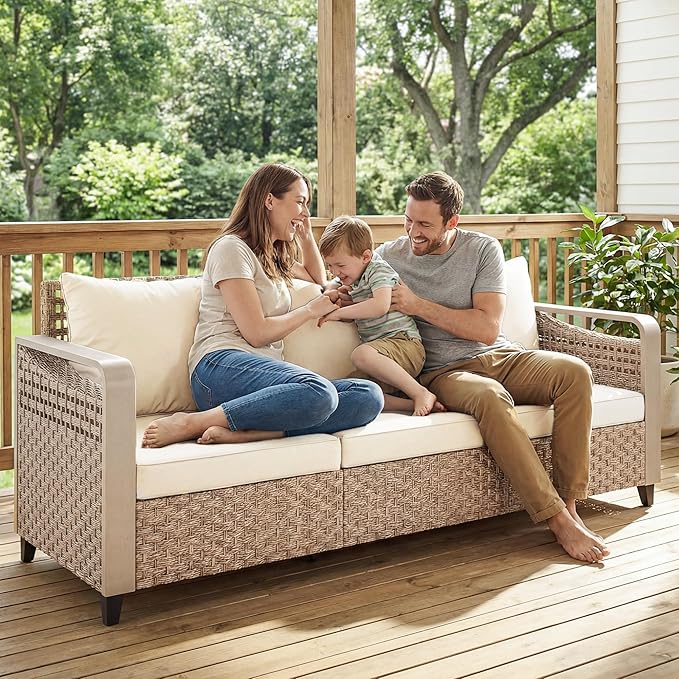 Outsunny Outdoor Patio Couch with Wide and Deep Seat, 3 Seater Wicker Outdoor Sofa with Wide Metal Armrests, Patio Furniture Couch with Cushions for Porch, Garden, Backyard, Beige | Removable Covers