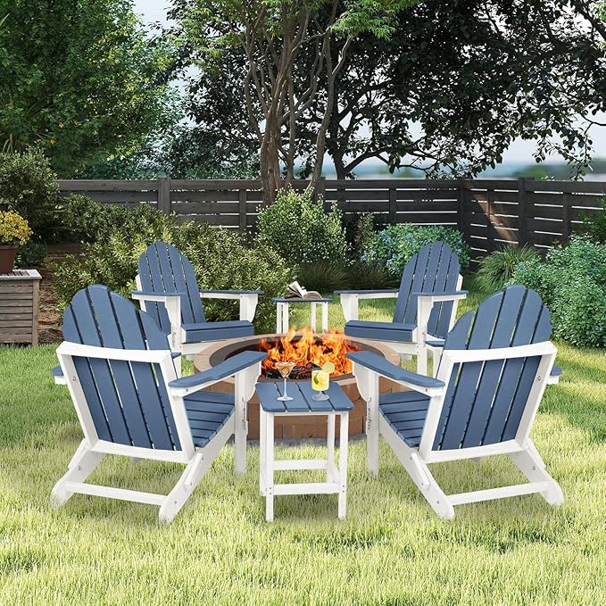 Aoodor HDPE Outdoor All-Weather Folding Adirondack Chair for Patio, Garden, Backyard, Lawn, Fire Pit, Set of 4, Navy Blue
