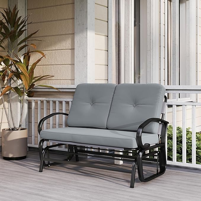 Outsunny Outdoor Glider Bench, 2-Person Patio Rocker Loveseat with Tufted Cushions, Steel Frame for Porch, Garden Backyard, Gray