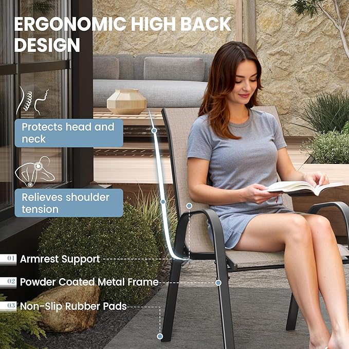 Patio Dining Chairs Set of 2, Outdoor Stackable Chairs, Breathable Seat and Alloy Steel Frame Fit for Backyard,Garden,Porch, Lawn,Poolside (Light Brown)