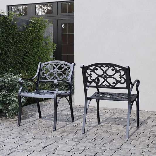 Homestyles Sanibel Black Stationary Cast Aluminum Outdoor Dining Chair, 2 Piece Patio Chairs, Set of 2 Garden Chairs with Armrest & Backrest for Garden Patio Pool Beach Yard, Black