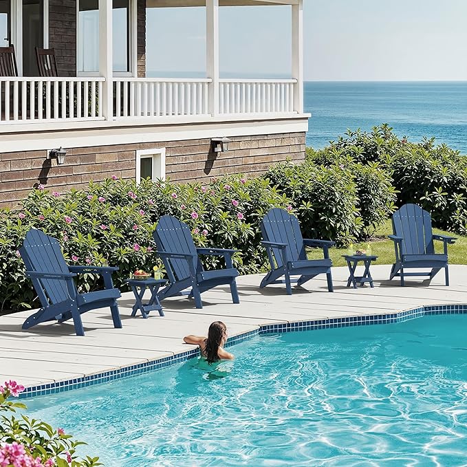 Foldable HDPE Adirondack Chairs Set of 2, Pool, Beachside, Poolside, Weather Resistant Outdoor Chairs, Hidden Cup Holder, Blue