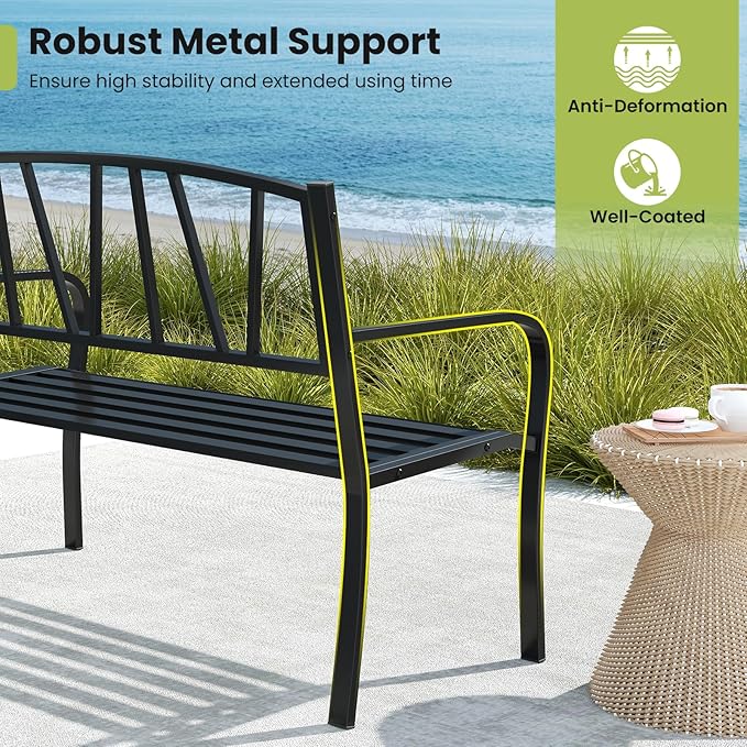 Tangkula Metal Patio Park Bench, Outdoor Garden Bench Loveseat for 2-3 People with Curved Armrests & Minimalist Backrest, Heavy-Duty Outdside Seating for Backyard, Poolside, Porch (Black)