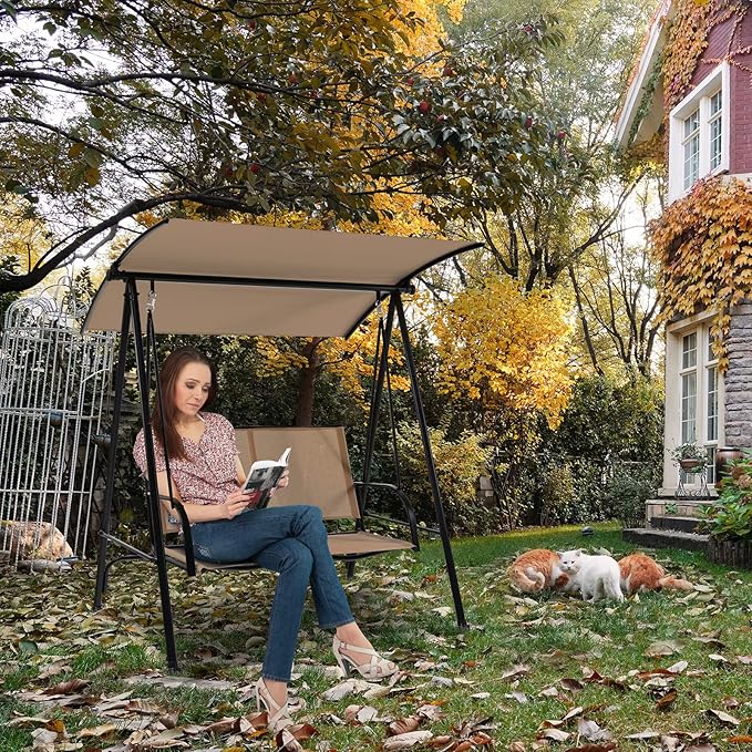 Tangkula 2 Person Porch Swing, Patio Swing with Adjustable Canopy, Comfortable Fabric Seat & Heavy-Duty Steel Frame, Outdoor Canopy Swing for Patio, Garden, Poolside (Beige)