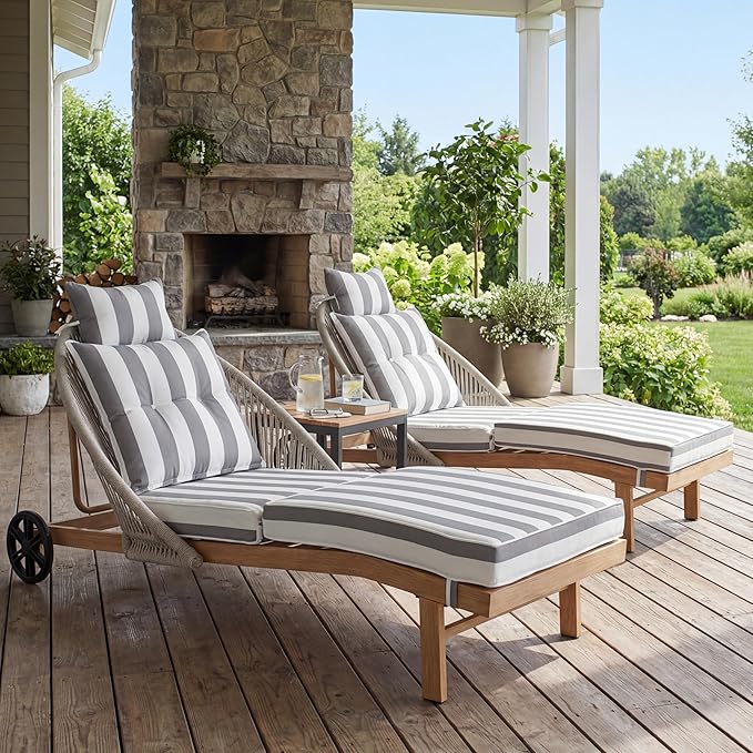 Patio Chaise Lounge Chair with Wheels, Outdoor Lounge Chairs with Thick Cushions, Patio Chaise Lounger Outdoor Handwoven Rope Armrests, Wicker Chairs for Outside, Poolside, Deck, Stripe