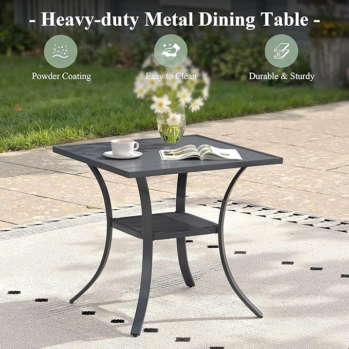 Outdoor Dining Table with Storage Shelf, 27.5" All-Weather Square Patio Dining Table for 2, Metal Patio Table for Garden Lawn Porch Deck Yard, Dark Grey