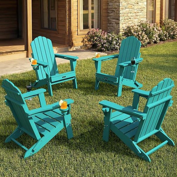 Adirondack Chairs Set of 4, Foldable Adirondack Chairs with 2 Cup Holder, Wood Texture HDPE Fire Pit Chairs - Photo 1