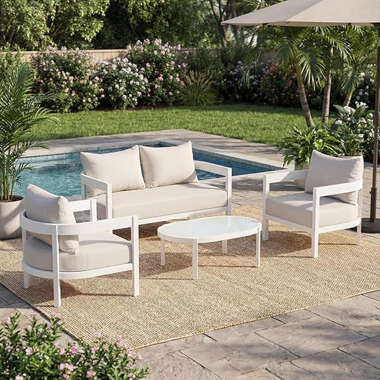 Merax 4 Piece Patio Outdoor Furniture Set, All-Weather Curved Aluminum Loveseat Sofa,2 Armchairs w/Coushions,Oval Coffee Table, Conversation Set for Backyard Deck Poolside, Seats 5 Adult, White
