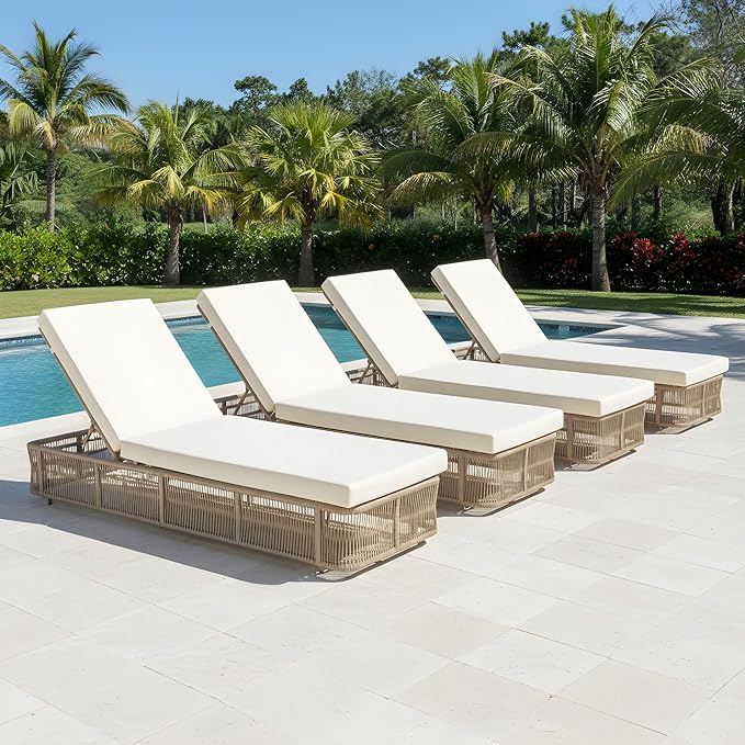 Merax 4-Pieces Outdoor Chaise Lounge Chair Set – Adjustable Woven Rope Sun Lounger with 5-Position Backrest (Frame Only) – Modern Patio Furniture for Pool, Beach & Garden, Beige