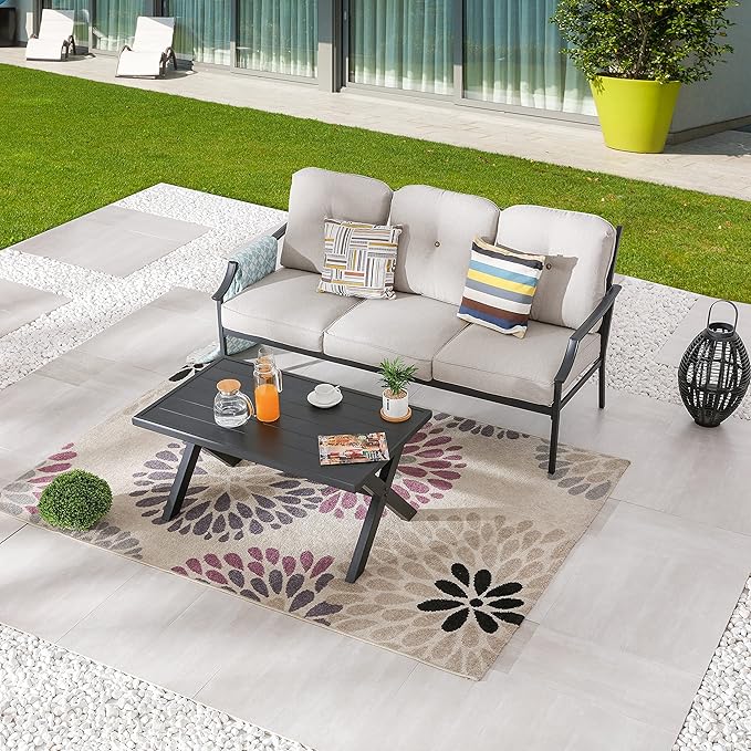 LOKATSE HOME Outdoor Patio Cushioned Loveseat 3 Seats Sofa Bench with Metal Coffee Table, Beige