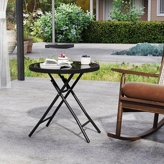 Giantex Folding Outdoor Side Table with Tempered Glass Tabletop & Metal Frame, Portable 18” Round End Table for Patio, Sofa Side, Yard, Porch, Poolside Living Room, Black