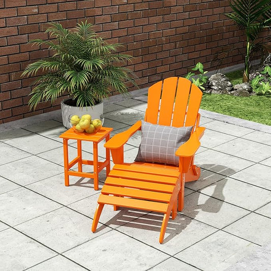 WO Home Furniture 3pc Set - HDPE Poly Adirondack Chair with Ottoman/Footrest and Square Side Table, All Weather and UV Resistant for Outdoor Patio Backyard, Garden, Orange
