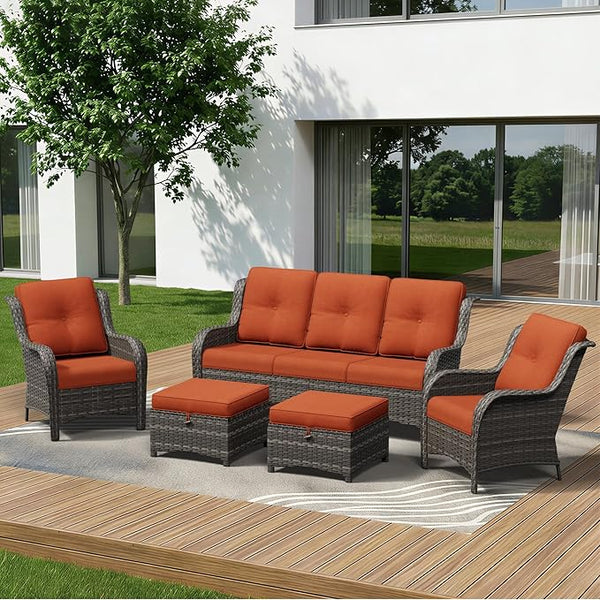 5 Piece Outdoor Wicker Patio Furniture Set, Patio Chairs Set with Thickened Olefin Cushions, High Back and Deep Seating - Photo 1