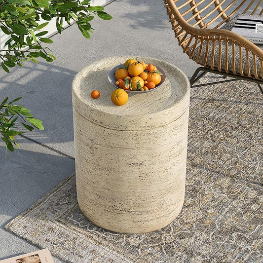 SUNBURY Set of 2 Outdoor Side Tables for Patio, Concrete Accent End Table, Round Modern Coffee Ceramic Side Garden Stool Log