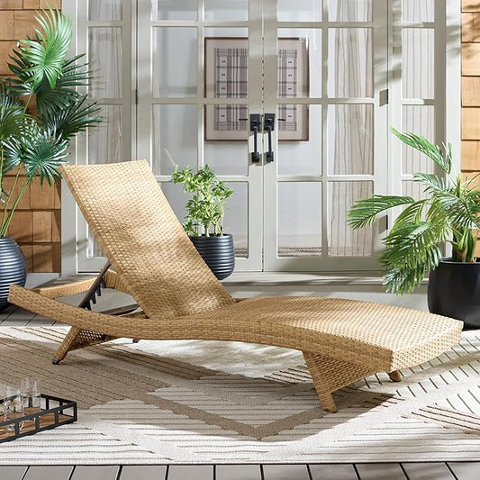 SAFAVIEH Outdoor Patio Furniture Collection – Alex Natural & Taupe Quick Dry Foam Lounger, Adjustable Outdoor Chaise, Modern Curved Design (PAT7545A)