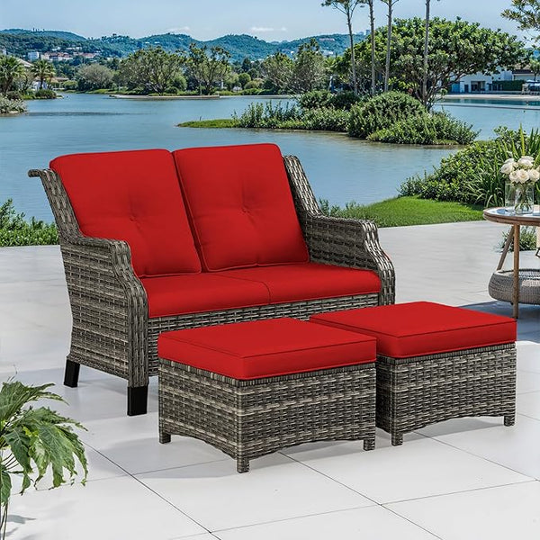 3 Piece Patio Furniture Set, 2-Seater Loveseat and 2 Ottomans PE Wicker Footstool - Photo 1