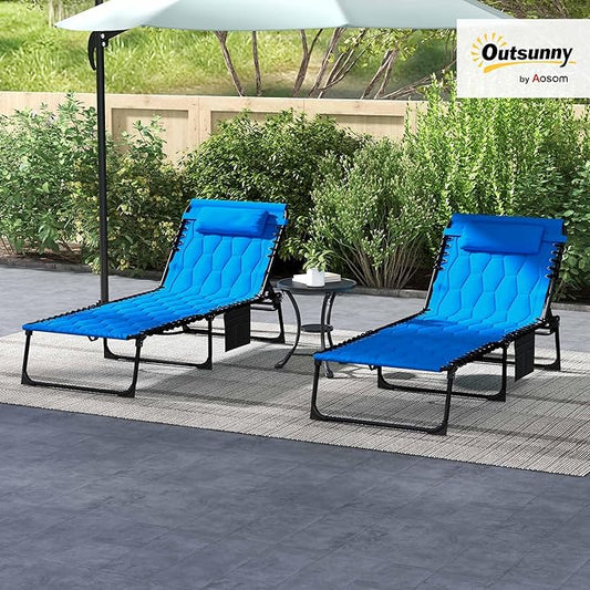 Outsunny Padded Folding Chaise Lounge Chair Outdoor Set of 2, 5-Level Reclining Patio Loungers, Tanning Chairs with Side Pocket, Headrest and Carrying Handle for Beach, Yard, Patio, Blue