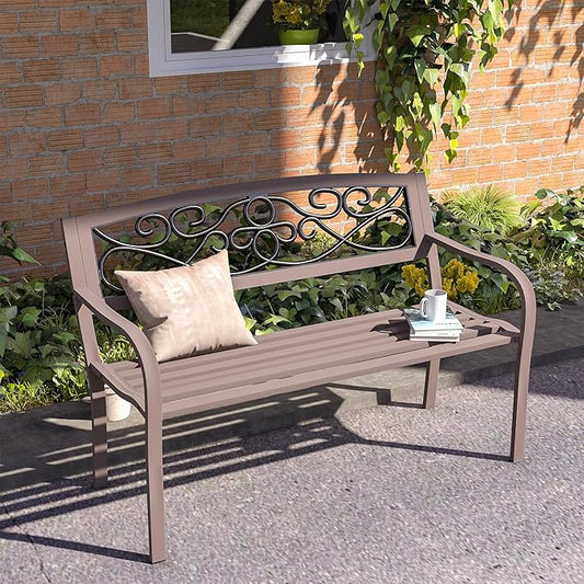 Outsunny 50" Outdoor Bench, Metal Garden Bench with Floral Pattern Backrest, Porch Bench with Slatted Seat for Park, Yard, Lawn, Brown