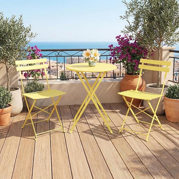 GarveeLife 3 Piece Outdoor Bistro Set, Metal Patio Furniture Set with 2 Chairs and 1 Table, Durable Steel Frame for Garden, Balcony, Porch, Backyard, Yellow
