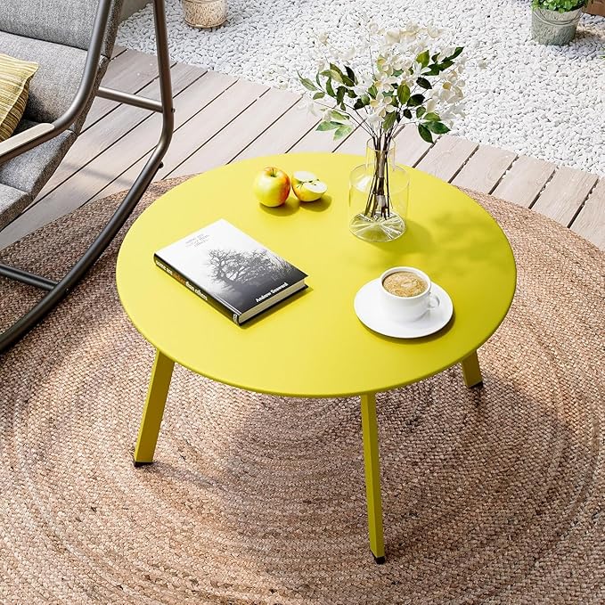 LAUSAINT HOME Outdoor Round Coffee Table, 27.6 Inch Heavy-Duty Metal Patio Table, Weather-Resistant with Square Base for Deck, Porch, Garden, Balcony, Yellow