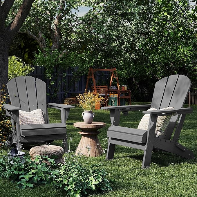 Foldable Adirondack Chair with Cup Holder-Heavy Duty Recycled HDPE Outdoor Patio Furniture, Weather Resistant Deck Lawn Fire Pit Chair (Gray, 4 Chair)
