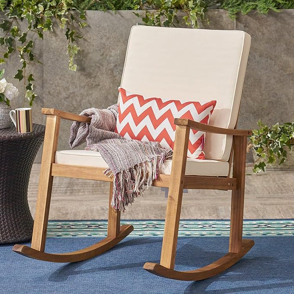 Outdoor Rocking Chair with Armrests and Cushions, Acacia Wood Structure, for Garden, Patio or Balcony, Teak - Photo 1