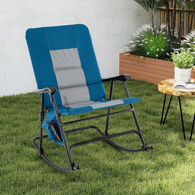 Goplus Oversized Folding Rocking Chair, Padded Patio Lounge Rocker w/Metal Frame, Armrests, Side Pocket, Lightweight Portable Rocking Chair for Backyard Camping Travel, Supports up to 500 lbs(1,Blue)