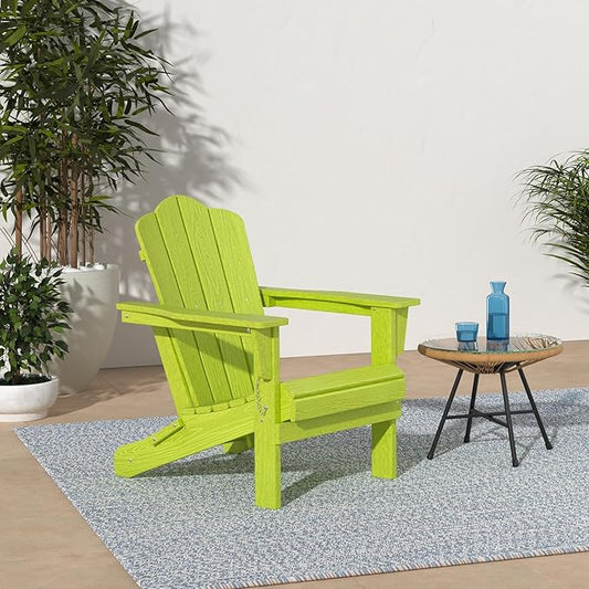 KINGYES Folding Adirondack Chair, HDPE All-Weather Patio Chairs, Wooden Textured Lawn Chair for Poolside, Backyard, Deck, Fire Pit, Apple