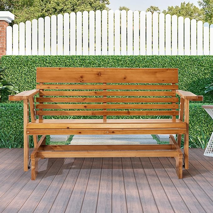 HOMREST Wooden Patio Glider Bench with Cup Holders, Heavy Duty 900LBS Outdoor Loveseat Glider with Ergonomic Deep Contoured Seat and High Roll Back for Garden Porch Balcony (4Ft 2-Seater, Brown)