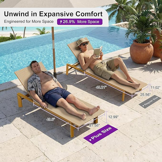 PURPLE LEAF Extra Wide Patio Chaise Lounge Set of 2 Outdoor Lounger French PE Rattan Lounge Chair with Reclining Adjustable Backrest for Pool Garden Beach and Backyard Light Brown