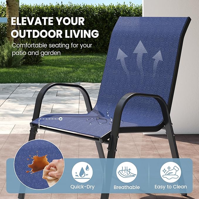 Patio Dining Chairs Set of 8, Outdoor High Stacking Chairs,Breathable Seat Fabric and Alloy Steel Frame for Backyard, Porch, Garden, Sunroom (Blue)
