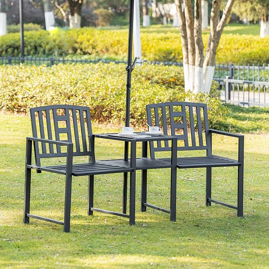 Outsunny Metal Garden Bench with Middle Table and Umbrella Hole, 2-in-1 Double Patio Chairs, Outdoor 2-Person Tete-a-Tete, Slatted, Black