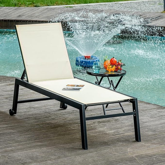 Outsunny Outdoor Chaise Lounge with Wheels, Five Position Recliner for Sunbathing, Suntanning, Steel Frame, Breathable Fabric for Beach, Yard, Patio, Cream White