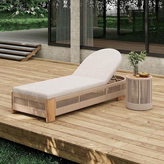 Outdoor Chaise Lounge Set, Patio Chaise Lounge Chairs with Side Table, Teak Chaise Lounge Outdoor with Adjustable Backrest, Teak Faux Wood Side Table and Beige Cushions for Outdoor Use (Beige-3pcs)