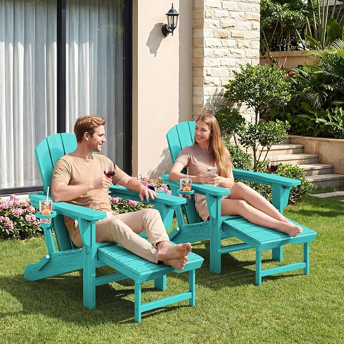 KINGYES Adjustable Folding Adirondack Chairs with Footrest & 2 Cup Holders Set of 2, HDPE Recliner Adirondack Chair with Ottoman, Aruba