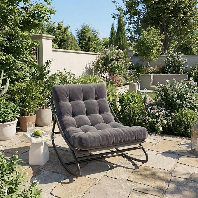 GarveeHome Wicker Rocking Chair, Papasan Egg Rocker with Iron Frame & Thick Cushion, Adjustable Rocking Range & Fixed Rope, 450 lbs Capacity Indoor/Outdoor for Porch, Garden, Grey
