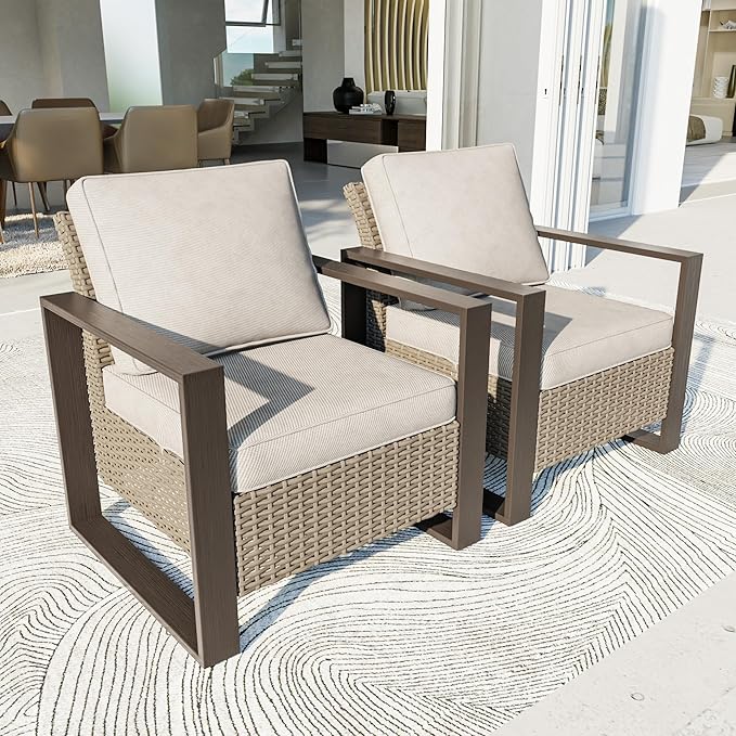 Patio Chairs Set of 2, Outdoor Wicker Chair Metal Patio Furniture with Deep Seating, Thicken Cushions for Deck, Porch, Yard Use (Beige, 2 PCS/Chairs)