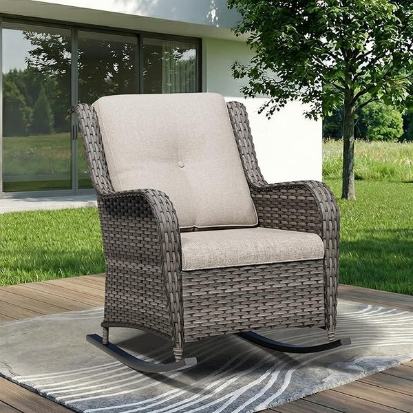 Outdoor Rocking Chair, Wicker Patio Chair with Thickened Olefin Cushions, High Back and Deep Seating - Photo 1