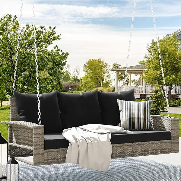DWVO 3-Seats Wicker Hanging Porch Swing Chair Outdoor Gray Rattan Patio Swing Lounge 3 Back Cushions Capacity for Garden - Photo 1