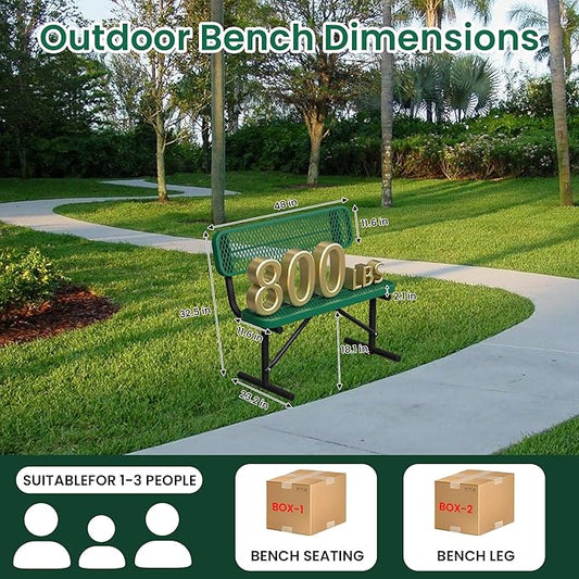 4ft Green Metal Park Bench with Backrest, Heavy Duty Outdoor Benches Weatherproof Steel Long Playground Bench Seats, Commercial Garden Benches Dock Benches for Lawn, Park, Deck,Patio, Porch