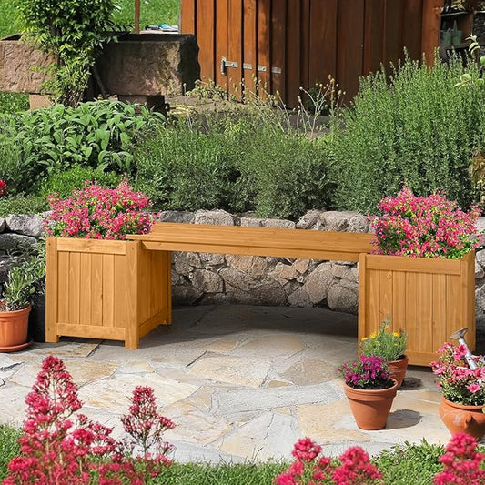 VINGLI Outdoor Wood Bench with Planter Boxes, 2-in-1 All-Weather Porch Bench Seat & Open-Ended Wooden Raised Garden Bed, for Balcony Yard Patio (2 Boxes)