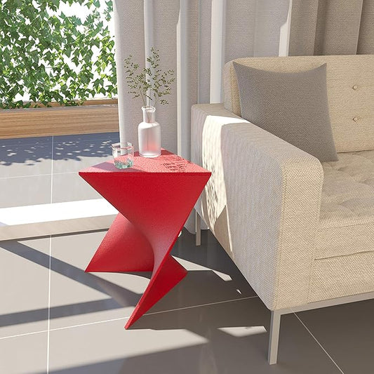 LeisureMod 15.75" Triangular Side Table, Stackable Plastic Accent End Table for Indoor & Outdoor Use, Weather-Resistant Modern Patio & Living Room Table, Red