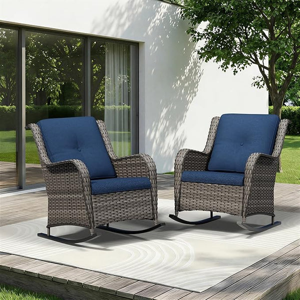 Patio Rocking Chairs Set of 2, Outdoor Wicker Patio Furniture Set 2 Pieces with Thickened Olefin Cushions - Photo 1