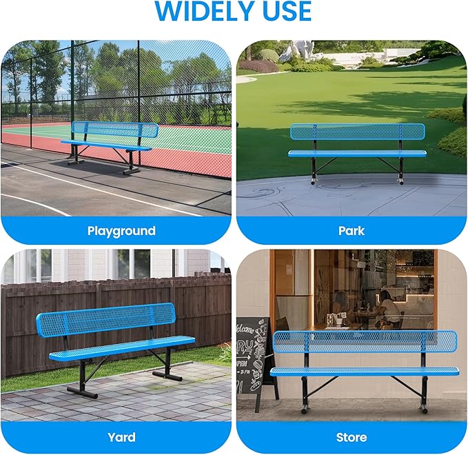 8 FT Steel Park Bench for Outside, Outdoor Bench with Backrest & Portable Frame, Thermoplastic Coating, Commercial Benches for Shopping Mall, Store, Park, Patio, Deck, Blue