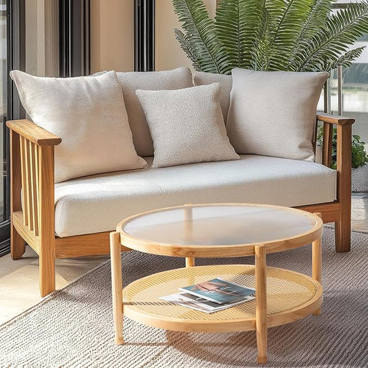 Outvita Outdoor Side Table, Rattan Rubber Wood Coffee Table with Weather - Resistant Coating, Double - Layer Storage, 31.5"x31.5"x 17.3", Easy Assembly for Patio, Garden, Living Room, Bedroom