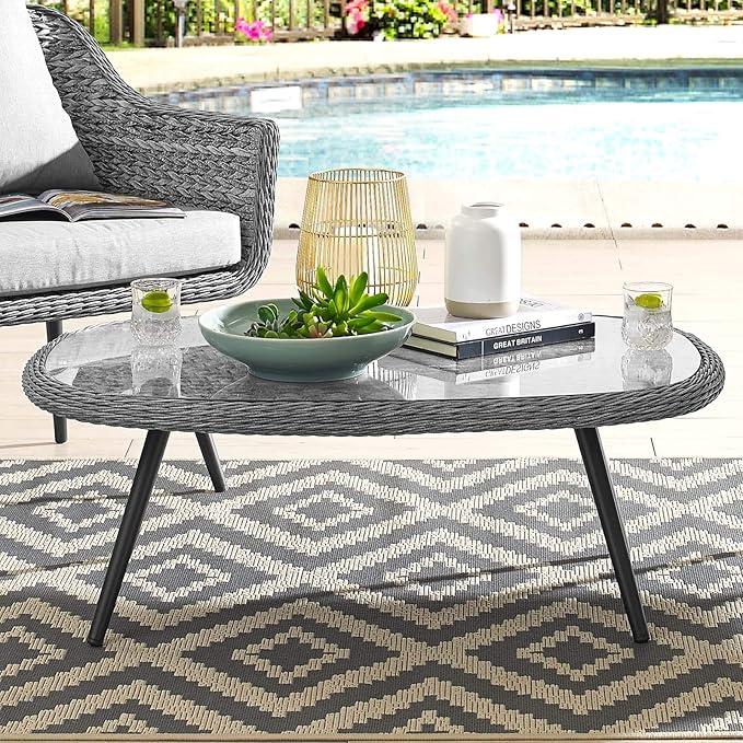 Modway Endeavor Wicker Rattan Aluminum Glass Outdoor Patio Coffee Table in Gray