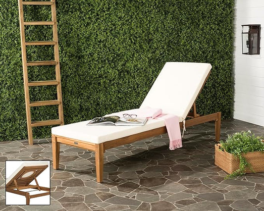 SAFAVIEH Outdoor Collection Montclair Natural Solid Wood/Beige Cushion Adjustable Chaise Lounge Chair (PAT6731A)