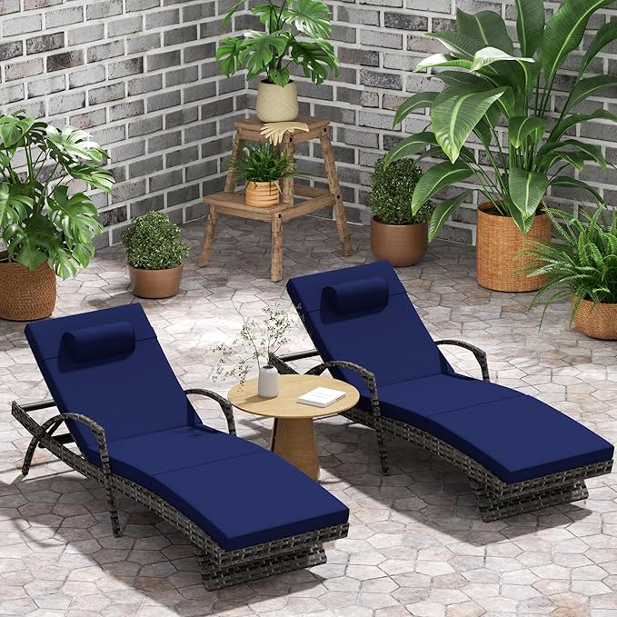 Outdoor Lounge Chairs Set of 2,Wicker Chaise Lounge Chair Pool Chaise Lounge,Patio Lounge Chair with Adjustable Backrest Arm Cushion for Poolside